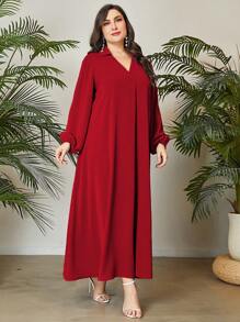 Mulvari 大碼素色燈籠袖連衣裙 - 紅色 - 查看 3