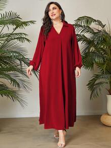 Mulvari 大碼素色燈籠袖連衣裙 - 紅色 - 查看 4