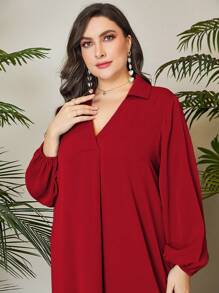 Mulvari 大碼素色燈籠袖連衣裙 - 紅色 - 查看 5