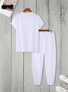 Manfinity Homme 男士鳥印花T恤和運動褲 - 白色 - 查看 2