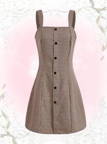 ROMWE J-Fashion Vestido de tirantes con estampado de cuadros con botón delantero - Café integral - Ver 1