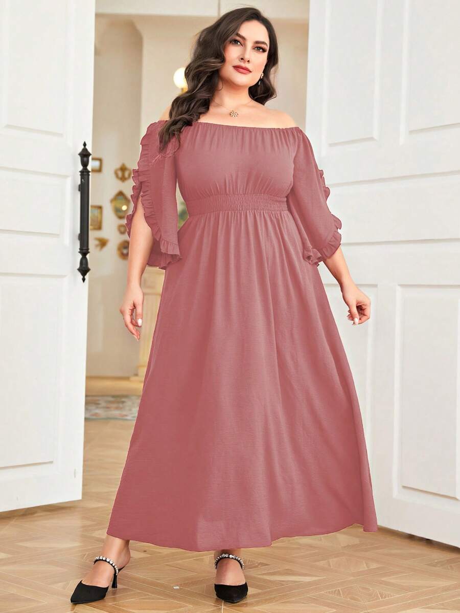 Mulvari Vestido de hombros descubiertos ribete con fruncido - Rosa vieja - Ver 1
