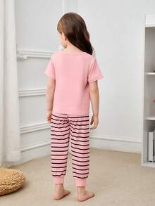 Toddler Girls Cartoon Graphic Tee & Striped Trousers PJ Set - Pink - View 2