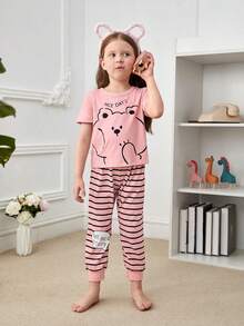 Toddler Girls Cartoon Graphic Tee & Striped Trousers PJ Set - Pink - View 3
