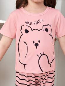 Toddler Girls Cartoon Graphic Tee & Striped Trousers PJ Set - Pink - View 4