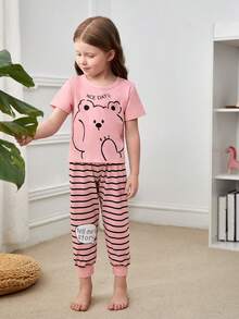 Toddler Girls Cartoon Graphic Tee & Striped Trousers PJ Set - Pink - View 5