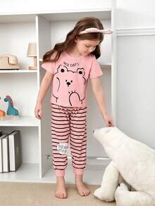 Toddler Girls Cartoon Graphic Tee & Striped Trousers PJ Set - Pink - View 6
