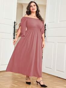 Mulvari Vestido de hombros descubiertos ribete con fruncido - Rosa vieja - Ver 5