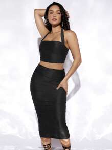 evoluSHEIN X Anitta Solid Crop Halter Top & Pencil Skirt - Black - View 9