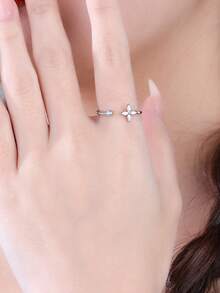 1枚时尚个性四叶草造型多面立方氧化锆装饰不对称可调节银戒指，女士款，适合节日和日常佩戴 - 銀色 - 查看 5