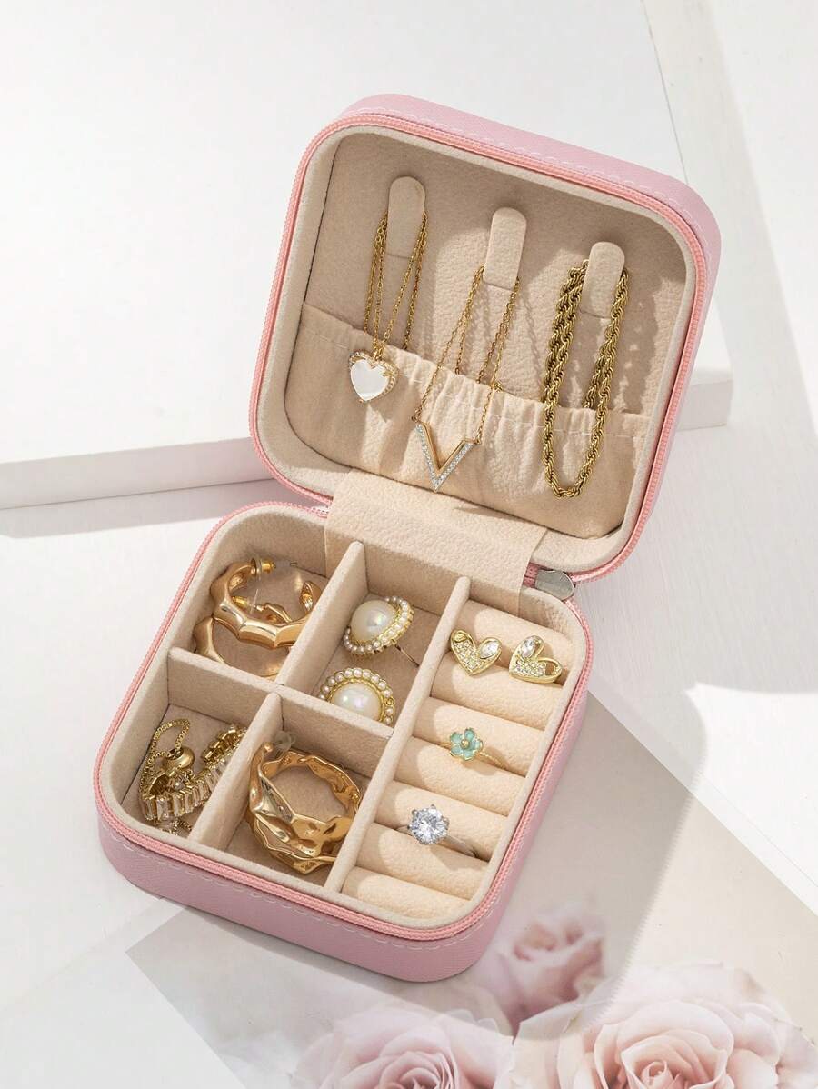 1入組便攜式迷你珠寶收納盒收納極簡素色多格首飾收納盒適合旅行 - 粉色 - 查看 1