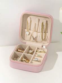 1入組便攜式迷你珠寶收納盒收納極簡素色多格首飾收納盒適合旅行 - 粉色 - 查看 4