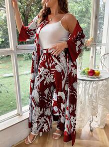 Mulvari 大碼印花開門襟外套和闊腿褲 - 紅色 - 查看 5