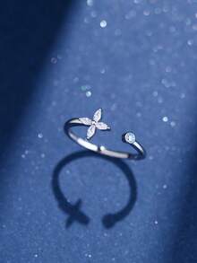 1枚时尚个性四叶草造型多面立方氧化锆装饰不对称可调节银戒指，女士款，适合节日和日常佩戴 - 銀色 - 查看 6