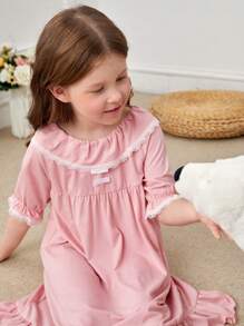 女孩蕾絲拼接荷葉邊荷葉袖睡裙 - 淺粉色 - 查看 5
