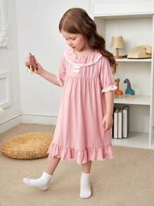女孩蕾絲拼接荷葉邊荷葉袖睡裙 - 淺粉色 - 查看 6