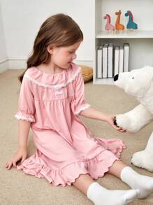 女孩蕾絲拼接荷葉邊荷葉袖睡裙 - 淺粉色 - 查看 7