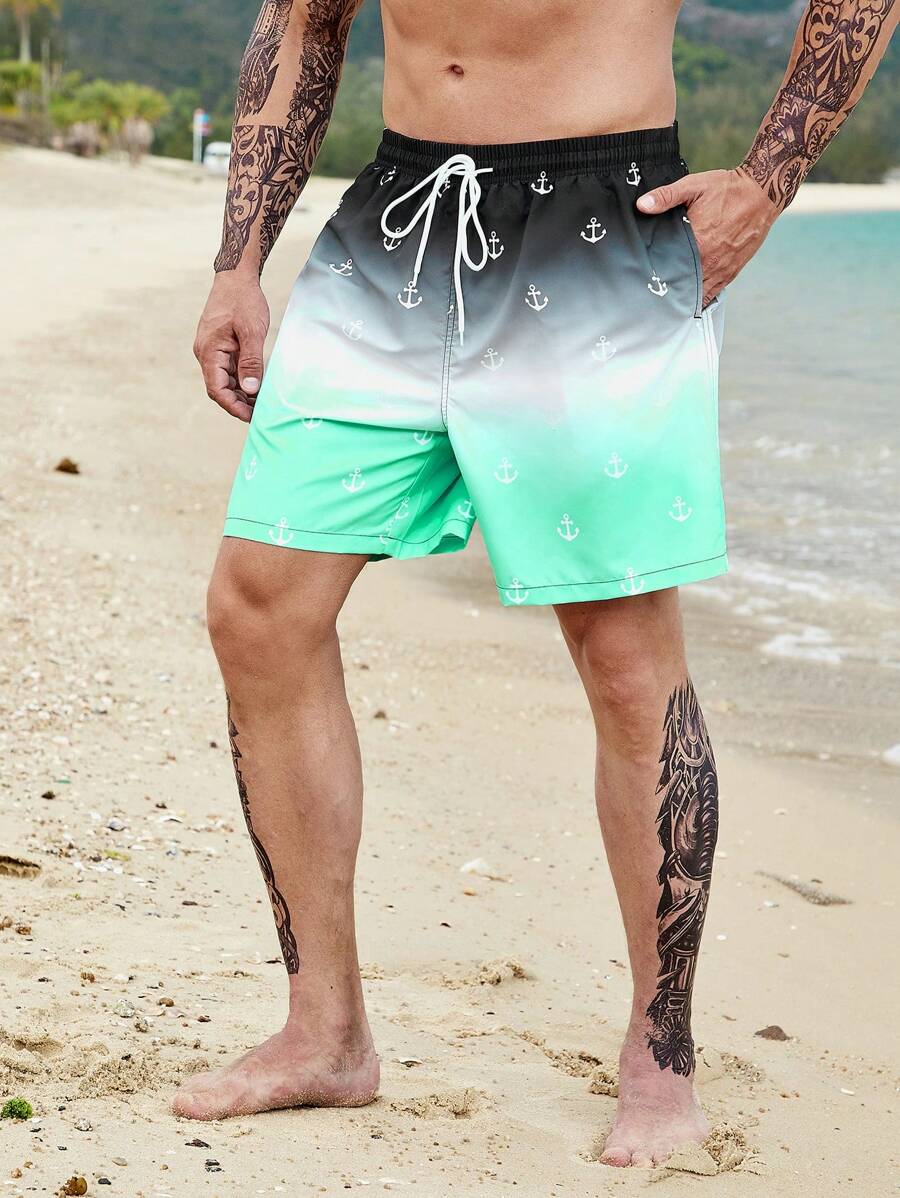 Manfinity Hombres Shorts de natación con estampado de ancla de ombré de cintura con cordón - Multicolor - Ver 1