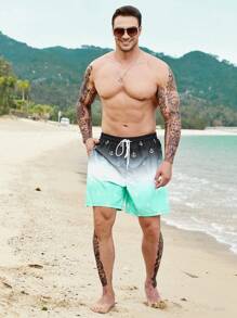 Manfinity Hombres Shorts de natación con estampado de ancla de ombré de cintura con cordón - Multicolor - Ver 3