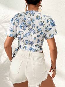 SHEIN VCAY 印花側打結圍裹女士襯衫 - 藍白色 - 查看 2