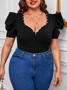 SHEIN Privé 大碼珍珠串珠雞心領口泡泡袖T恤 - 黑色 - 查看 2