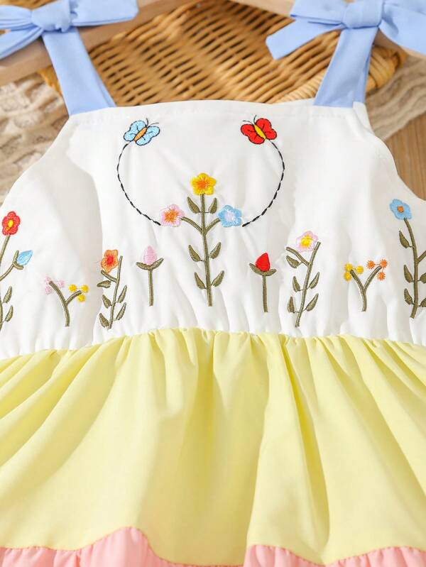 SHEIN Kids SUNSHNE Toddler Girls Floral Embroidery Colorblock Ruffle