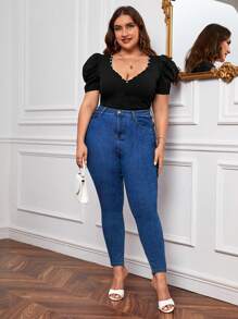 SHEIN Privé 大碼珍珠串珠雞心領口泡泡袖T恤 - 黑色 - 查看 6