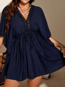 SHEIN Swim Curve Plus Guipure Lace Trim Batwing Sleeve Knot Front Dress, For Summer Beach Vacation - Navy Blue - View 1