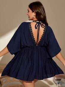 SHEIN Swim Curve Plus Guipure Lace Trim Batwing Sleeve Knot Front Dress, For Summer Beach Vacation - Navy Blue - View 2