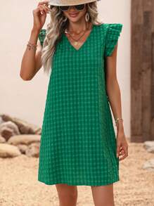 SHEIN VCAY Vestido con estampado de cuadros ribete con fruncido - Verde - Ver 5