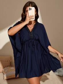 SHEIN Swim Curve Plus Guipure Lace Trim Batwing Sleeve Knot Front Dress, For Summer Beach Vacation - Navy Blue - View 4