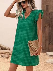 SHEIN VCAY Vestido con estampado de cuadros ribete con fruncido - Verde - Ver 6