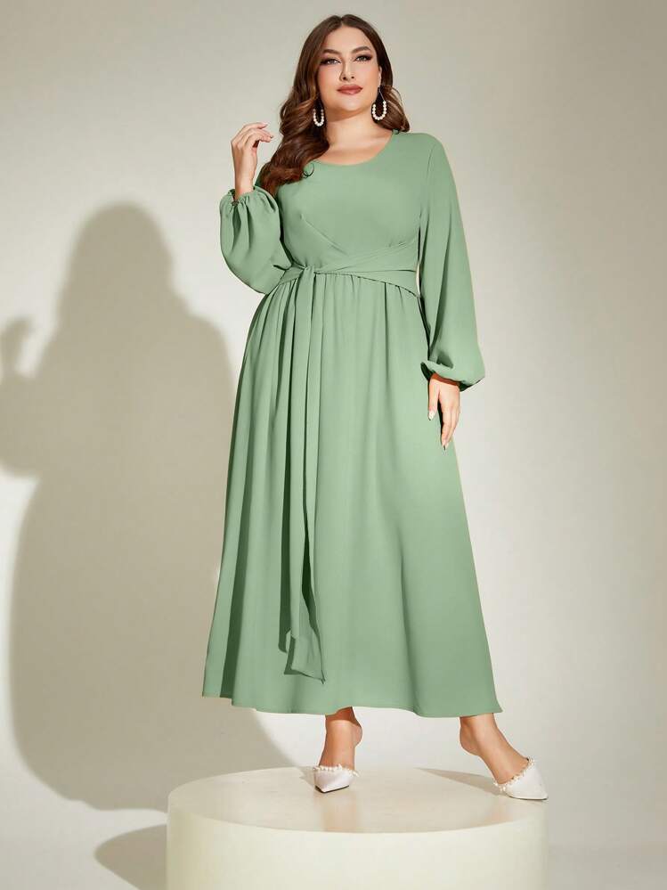 Mulvari Vestido de manga farol con cordón delantero - Verde - Añade 4