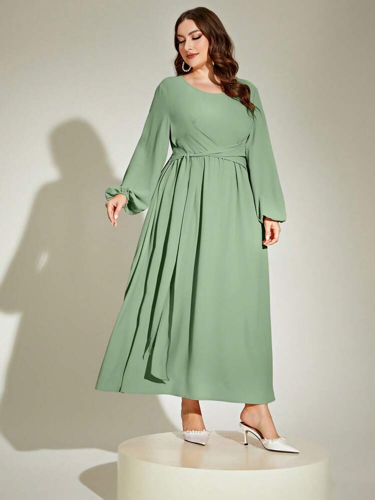 Mulvari Vestido de manga farol con cordón delantero - Verde - Añade 6