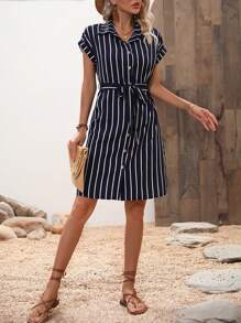 SHEIN LUNE Đầm Nút phía trước Thắt lưng Sọc Giải trí - Màu xanh hải quân - Xem 5