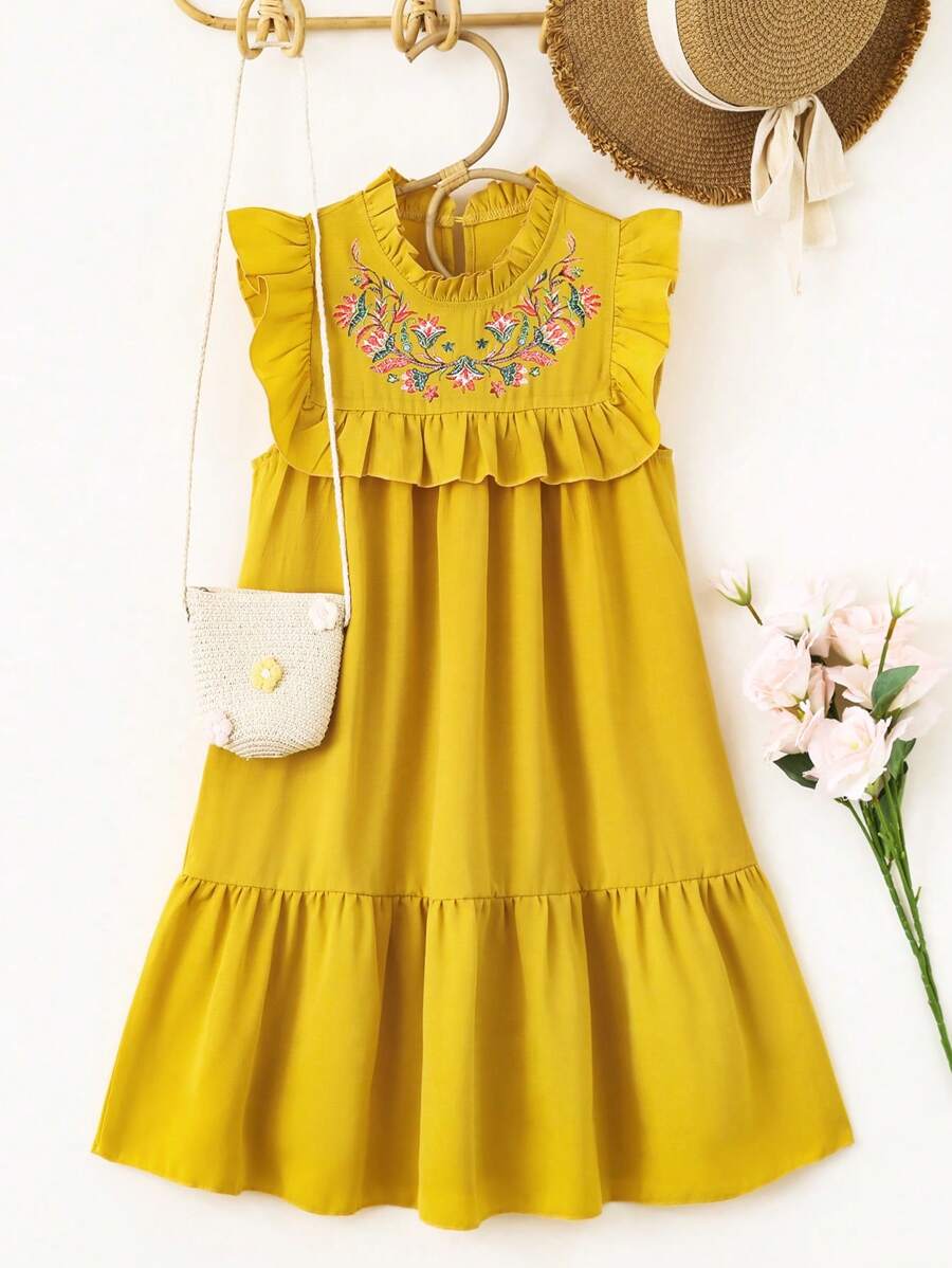 SHEIN 女孩花卉刺繡荷葉邊荷葉邊下擺連衣裙 - 芥末黃 - 查看 1