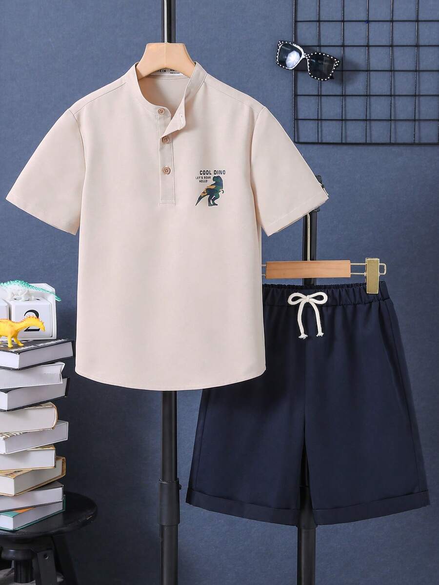 Boys Letter Graphic Shirt & Drawstring Waist Shorts - Multicolor - View 1