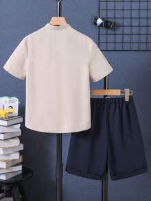 Boys Letter Graphic Shirt & Drawstring Waist Shorts - Multicolor - View 2