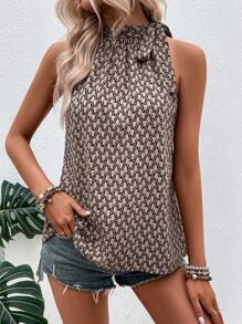 SHEIN LUNE Allover Print Knot Side Sleeveless Blouse - Khaki - View 1