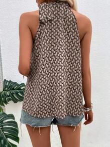 SHEIN LUNE Allover Print Knot Side Sleeveless Blouse - Khaki - View 2