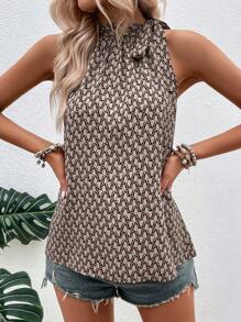 SHEIN LUNE Allover Print Knot Side Sleeveless Blouse - Khaki - View 3