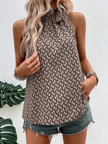 SHEIN LUNE Allover Print Knot Side Sleeveless Blouse - Khaki - View 4