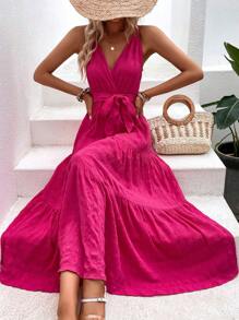 SHEIN VCAY Solid Ruffle Hem Belted Cami Dress - Hot Pink - View 1