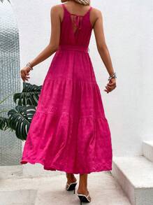 SHEIN VCAY Solid Ruffle Hem Belted Cami Dress - Hot Pink - View 2