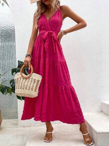 SHEIN VCAY Solid Ruffle Hem Belted Cami Dress - Hot Pink - View 3