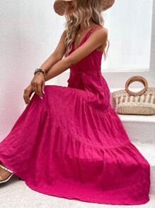 SHEIN VCAY Solid Ruffle Hem Belted Cami Dress - Hot Pink - View 6