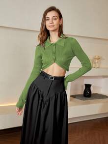 Solid High Waist Flare Skirt - Black - View 5