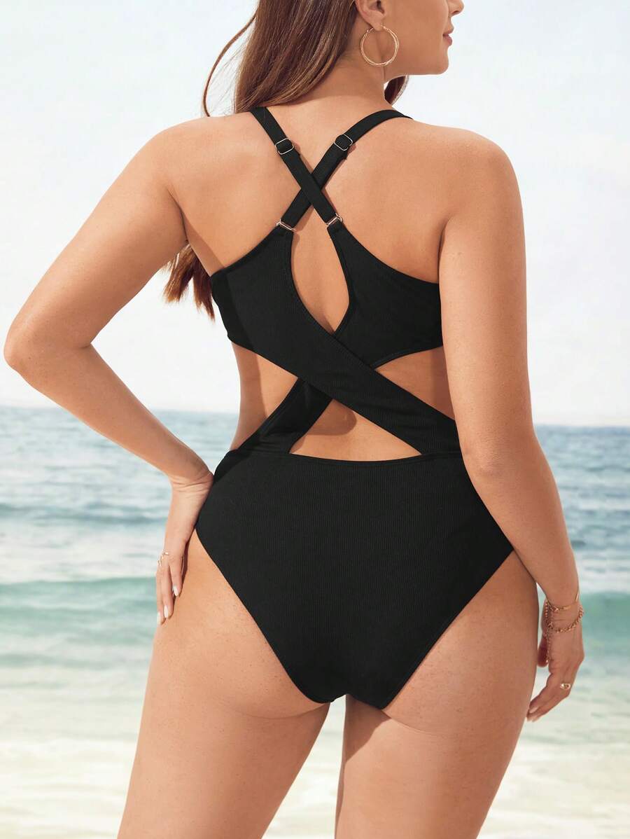 SHEIN Swim Curve 大碼素色交叉露背連體泳衣 - 黑色 - 查看 1