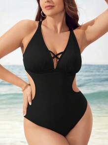 SHEIN Swim Curve 大碼素色交叉露背連體泳衣 - 黑色 - 查看 2