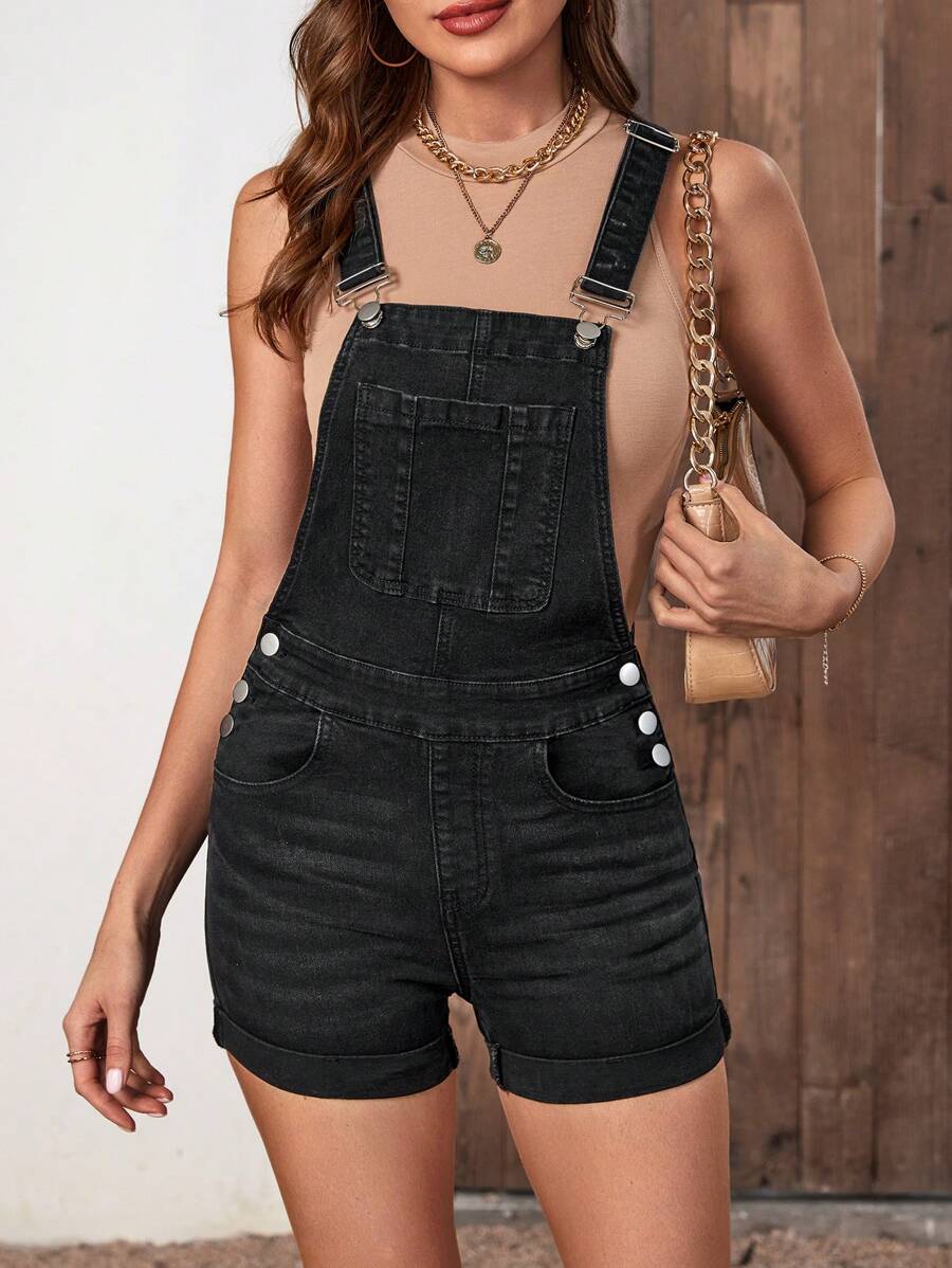 SHEIN Frenchy Roll Up Hem Denim Overalls Without Tank Top - Black - View 1